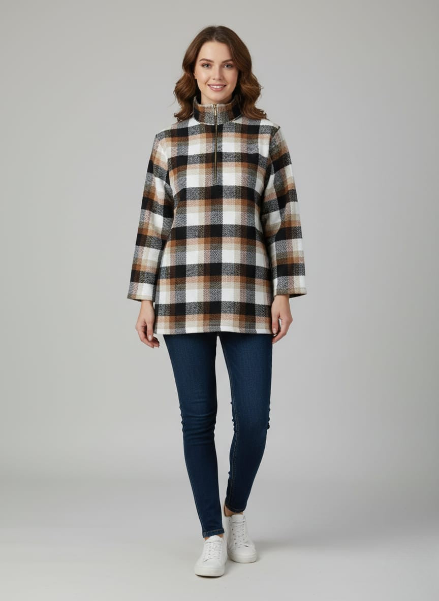 Women Brown & Black Checked High-Neck Front-Zip Winter Pullover