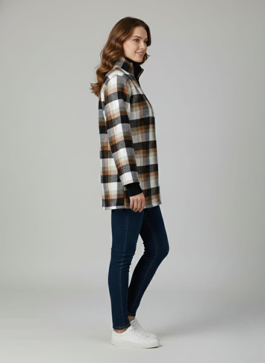 Women Brown & Black Checked High-Neck Front-Zip Winter Pullover