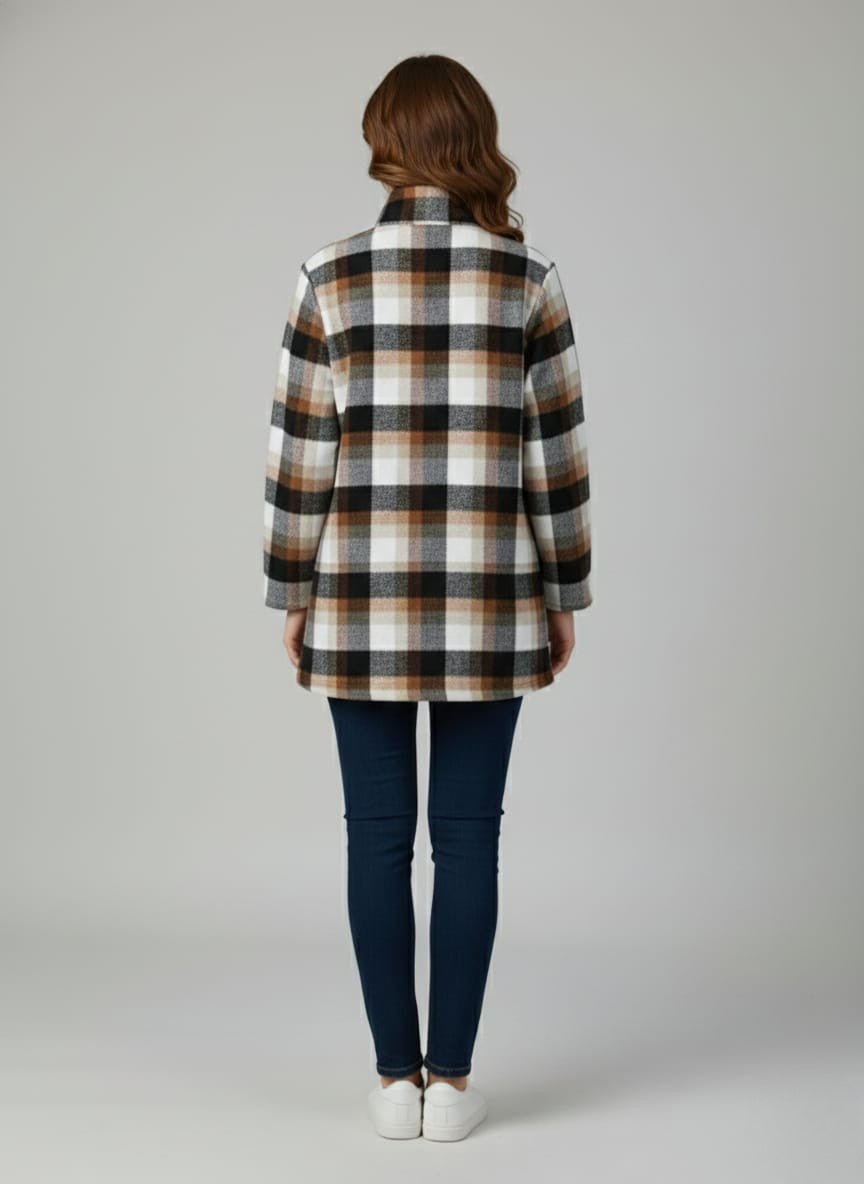 Women Brown & Black Checked High-Neck Front-Zip Winter Pullover