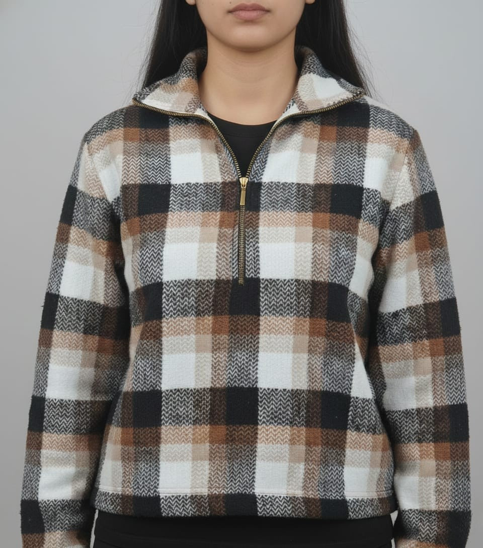 Women Brown & Black Checked High-Neck Front-Zip Winter Pullover