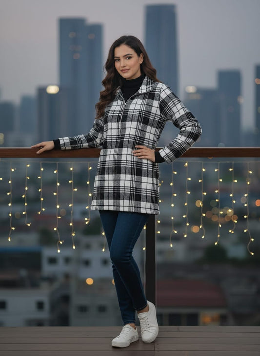 Women Black & White Checked High-Neck Front-Zip Winter Pullover