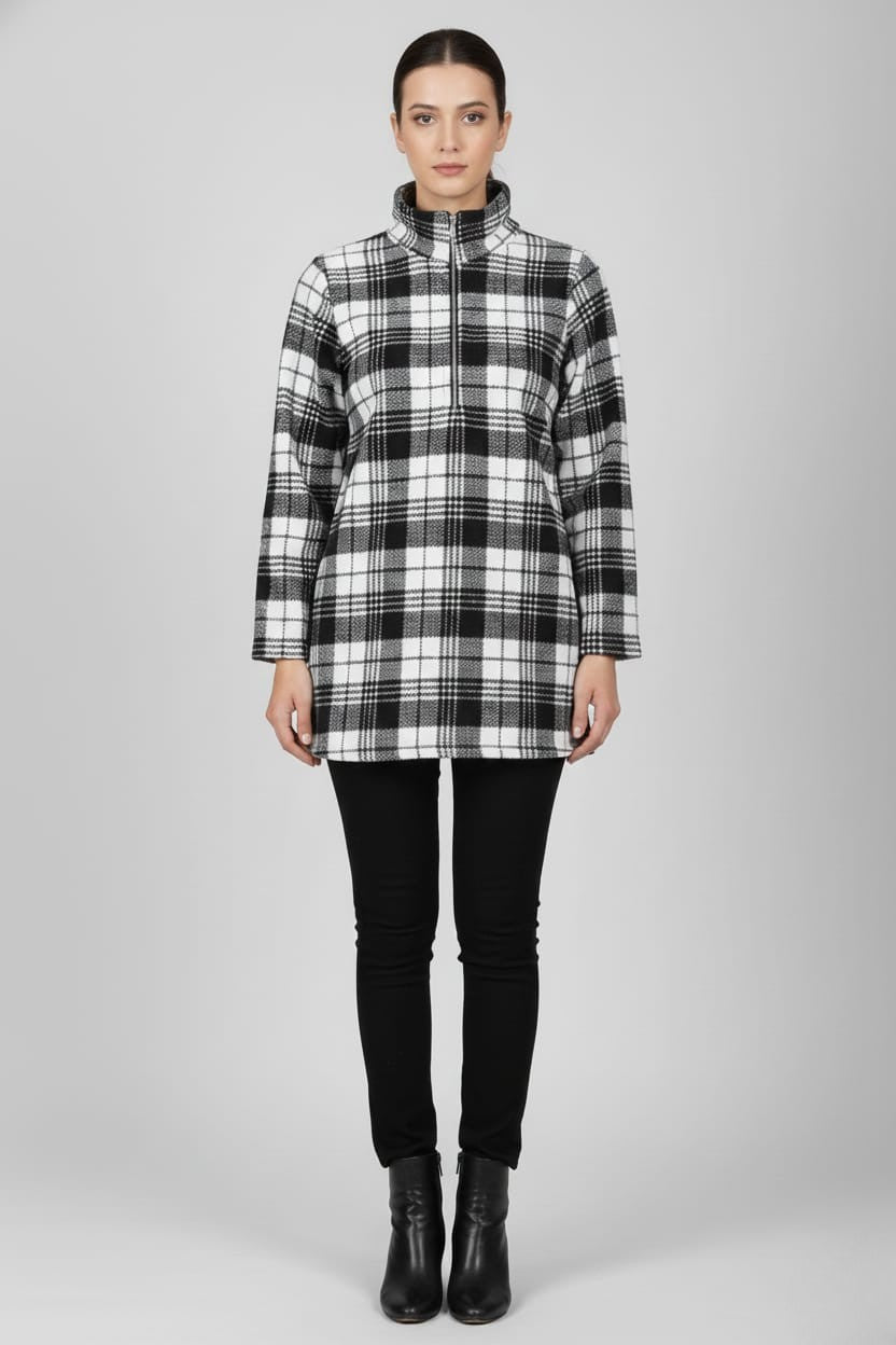 Women Black & White Checked High-Neck Front-Zip Winter Pullover