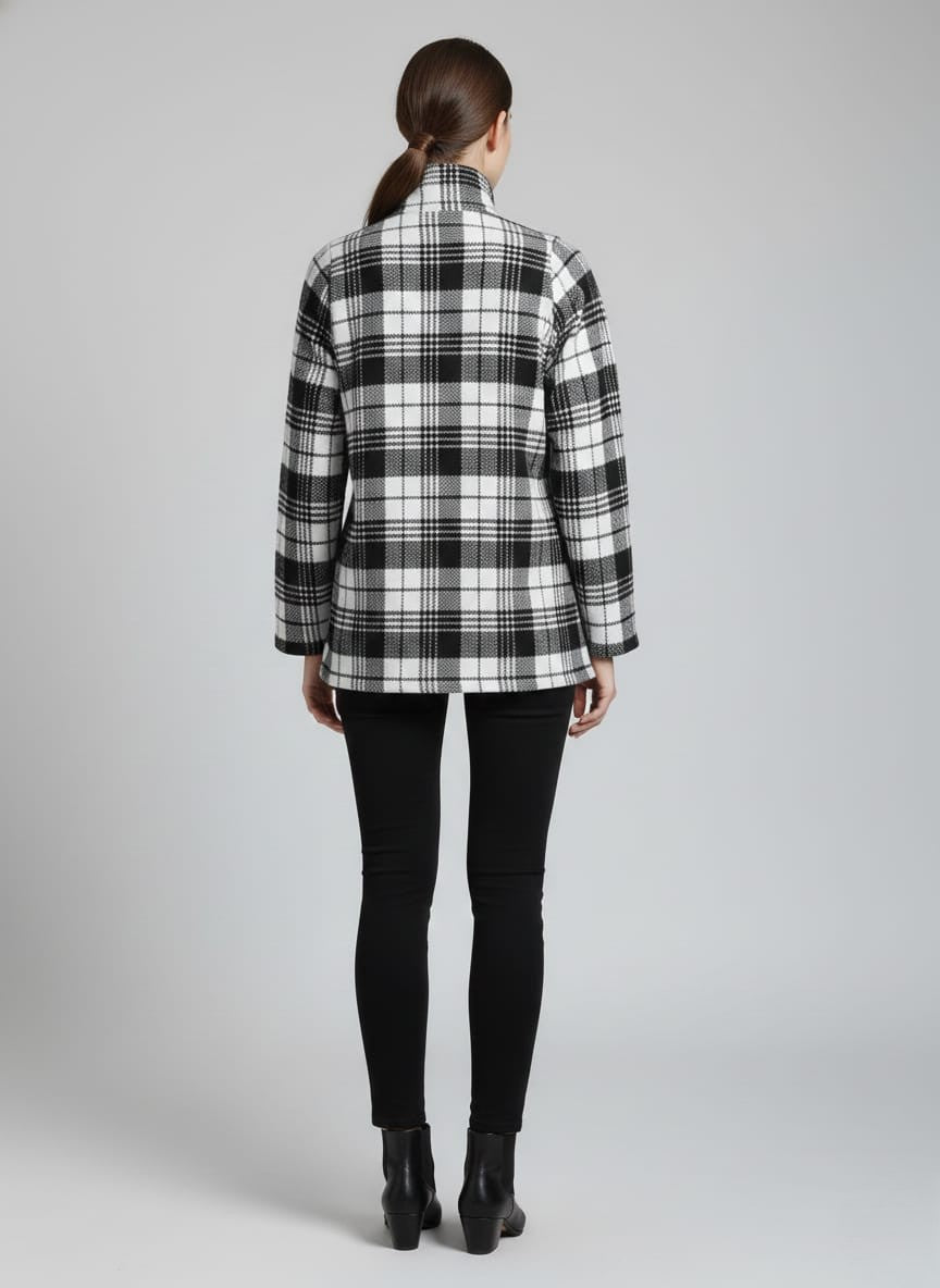 Women Black & White Checked High-Neck Front-Zip Winter Pullover