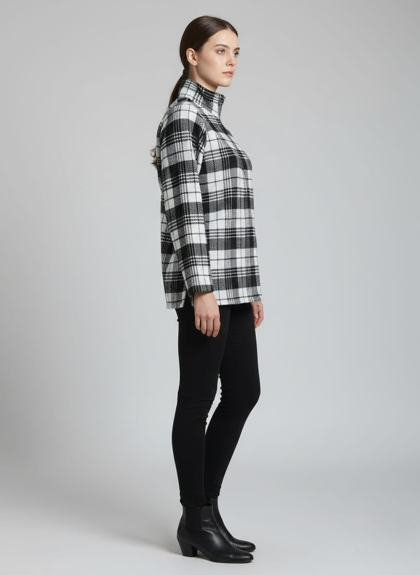 Women Black & White Checked High-Neck Front-Zip Winter Pullover