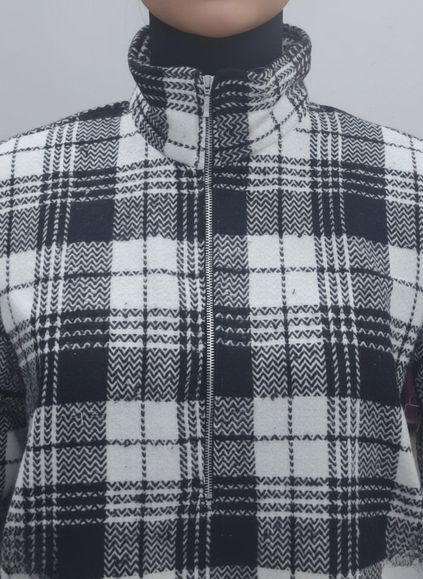 Women Black & White Checked High-Neck Front-Zip Winter Pullover