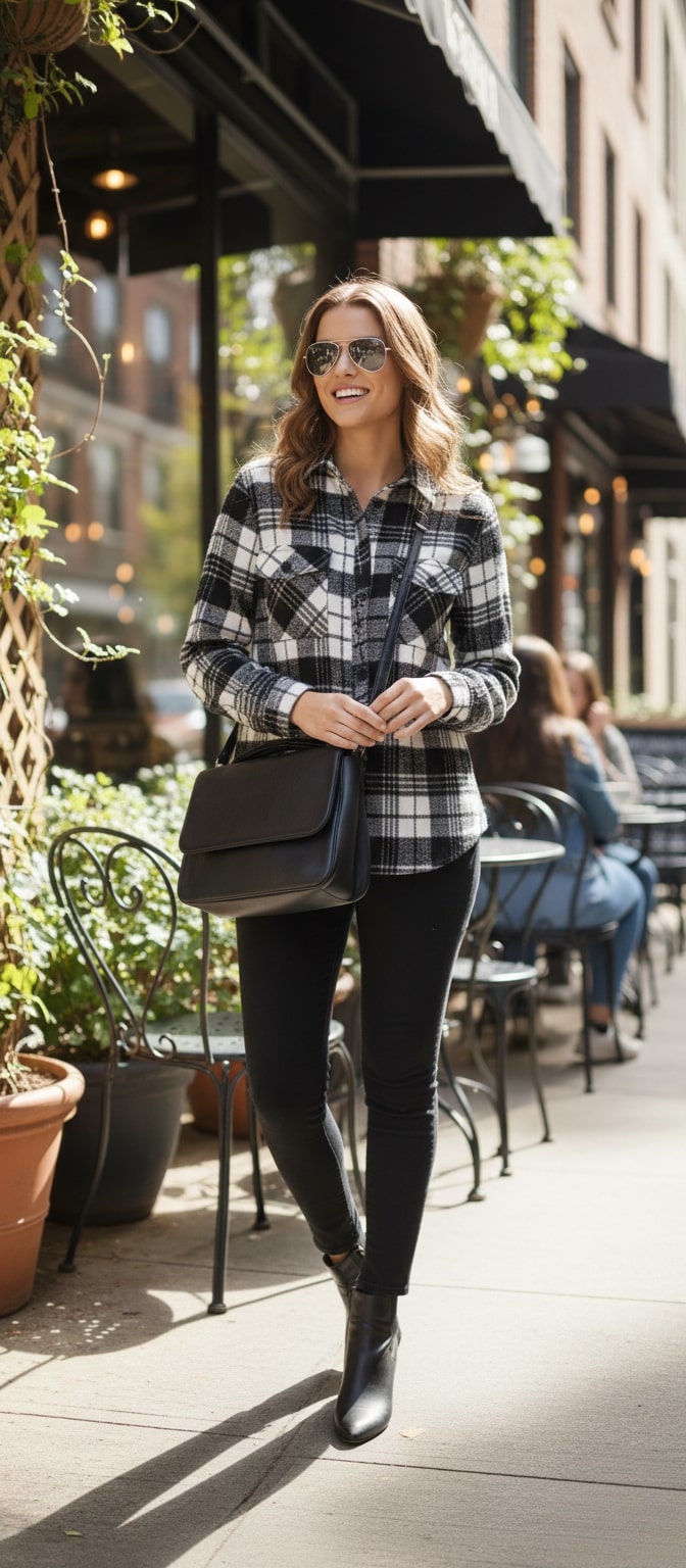 Women Black & White Checked Casual Jacket