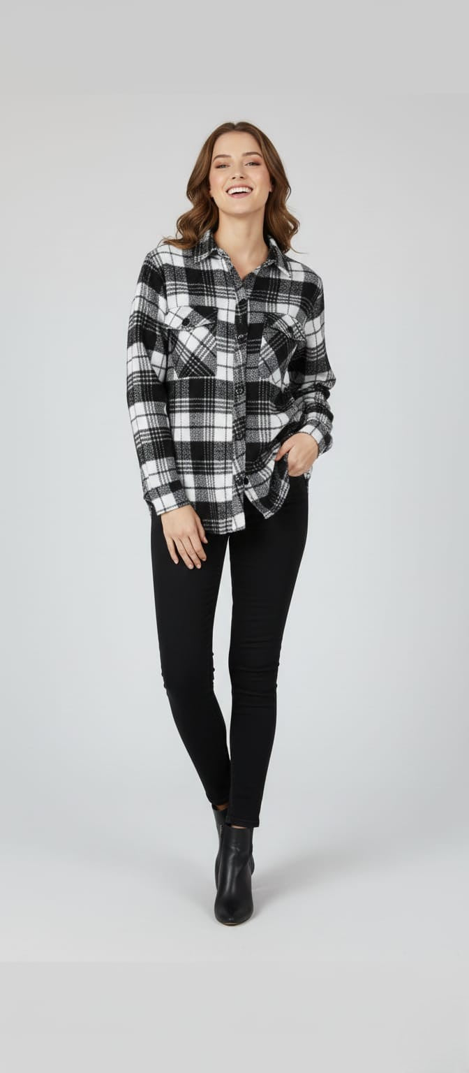 Women Black & White Checked Casual Jacket