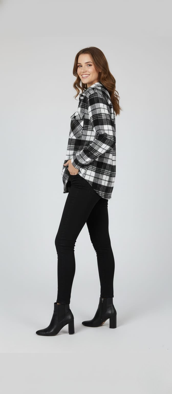 Women Black & White Checked Casual Jacket