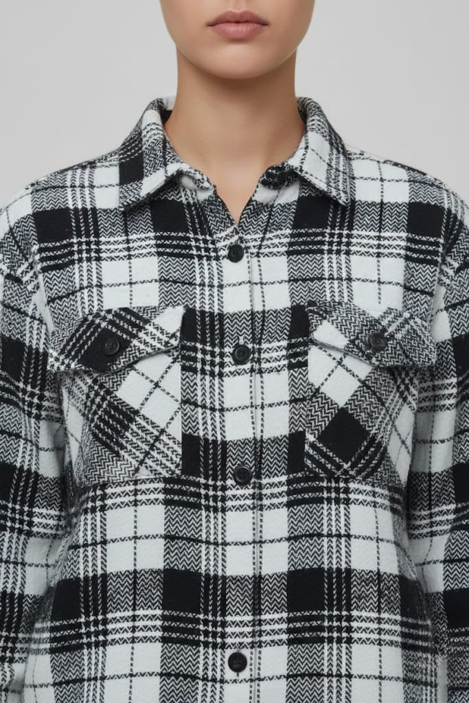 Women Black & White Checked Casual Jacket