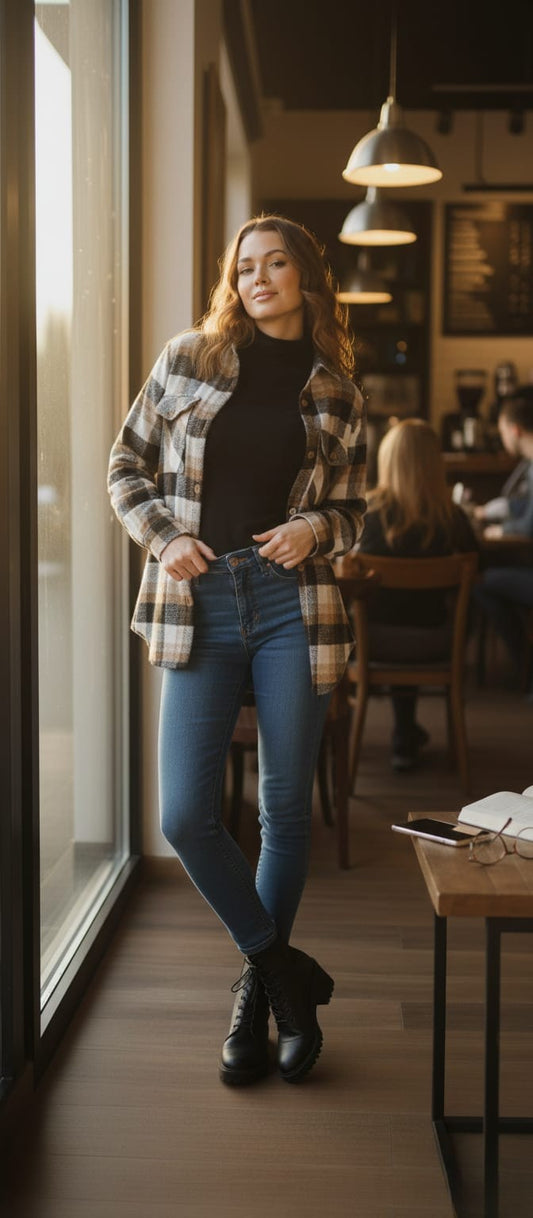 Women Brown & Cream Checked Casual Jacket