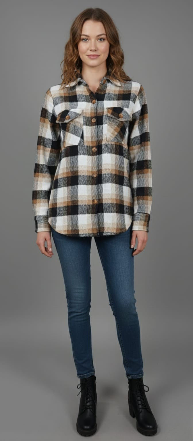 Women Brown & Cream Checked Casual Jacket