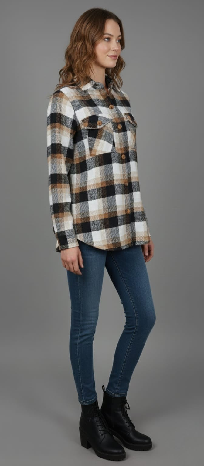 Women Brown & Cream Checked Casual Jacket
