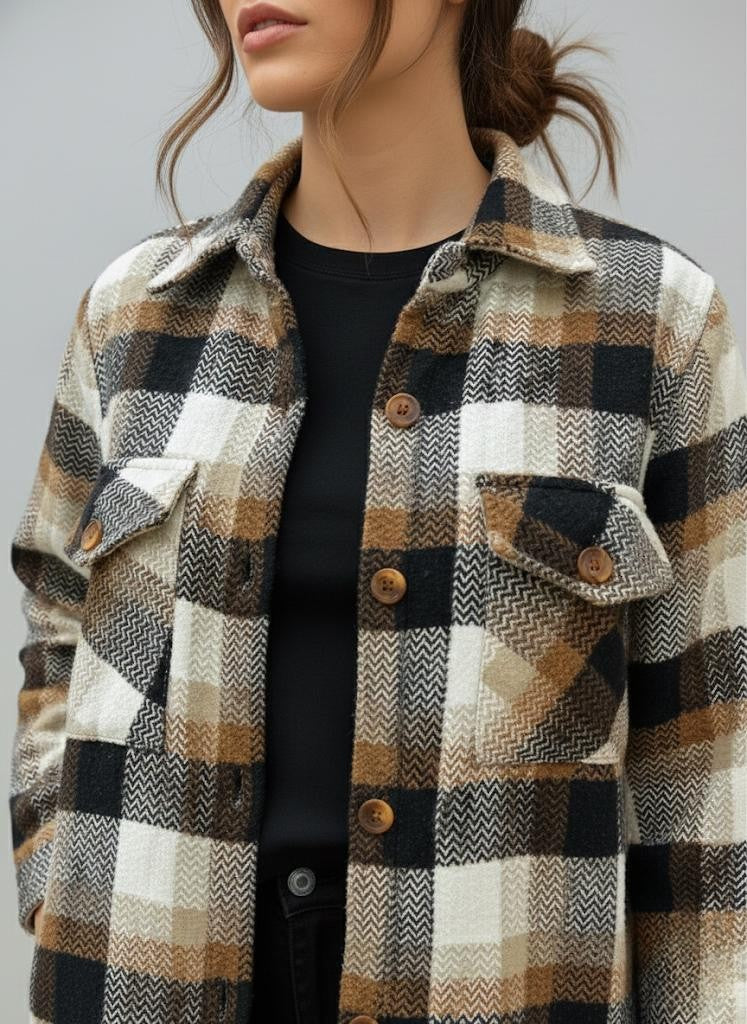 Women Brown & Cream Checked Casual Jacket