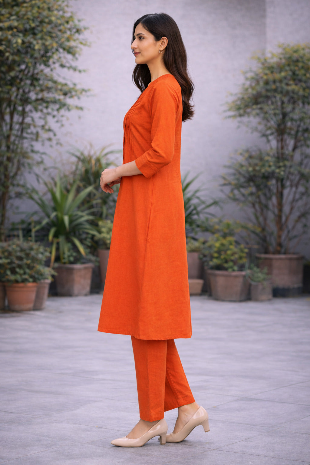 Women's Cotton Solid Pintuck Kurta Set