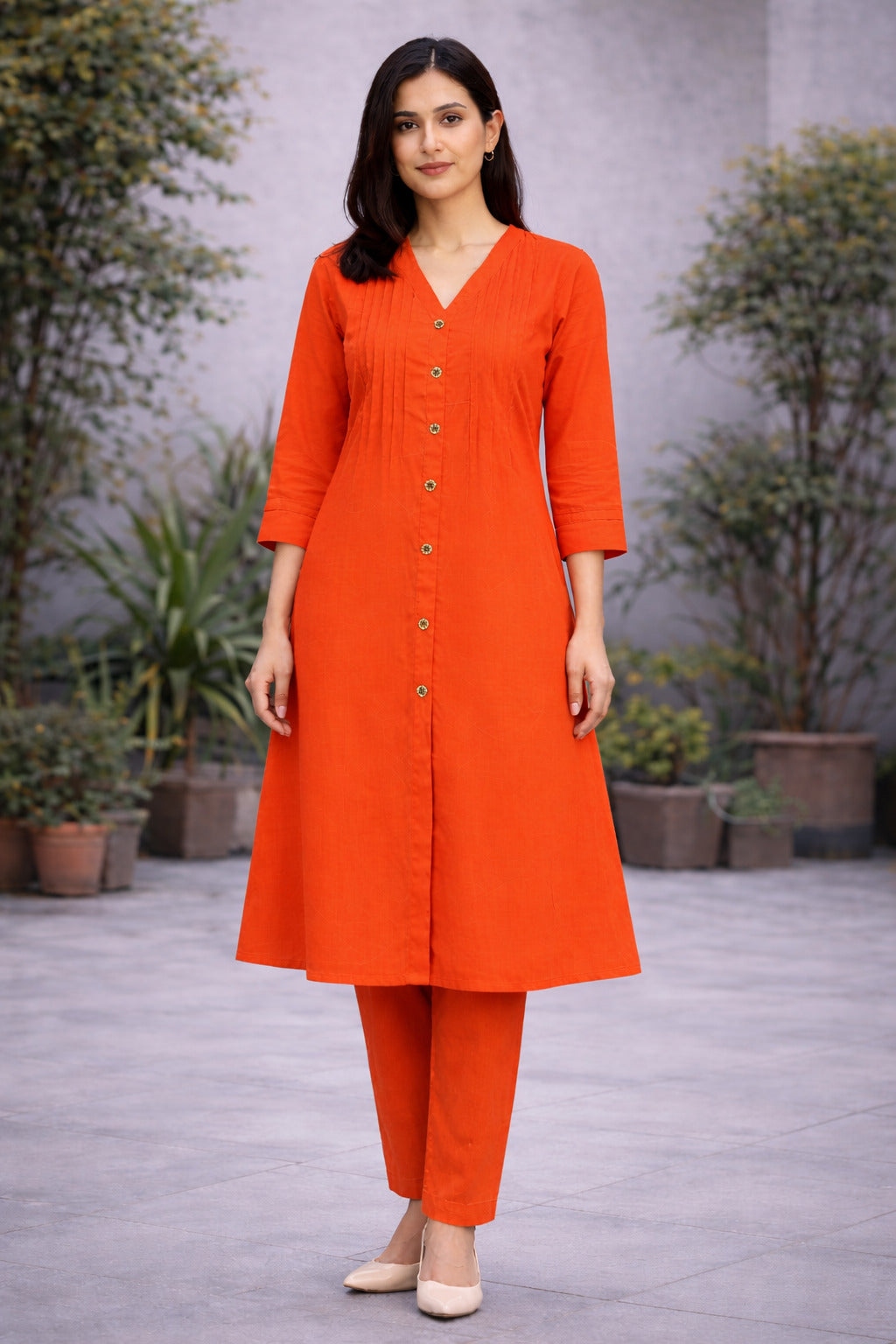 Women's Cotton Solid Pintuck Kurta Set