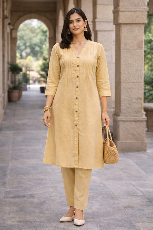 Women's Cotton Solid Pintuck Kurta Set