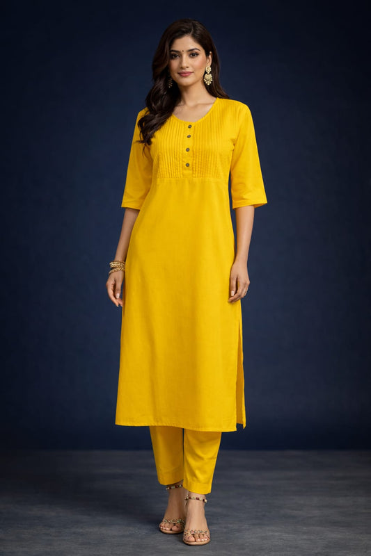 Women's Cotton Solid Pintuck Kurta Set