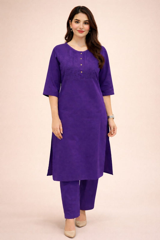 Women's Cotton Solid Pintuck Kurta Set
