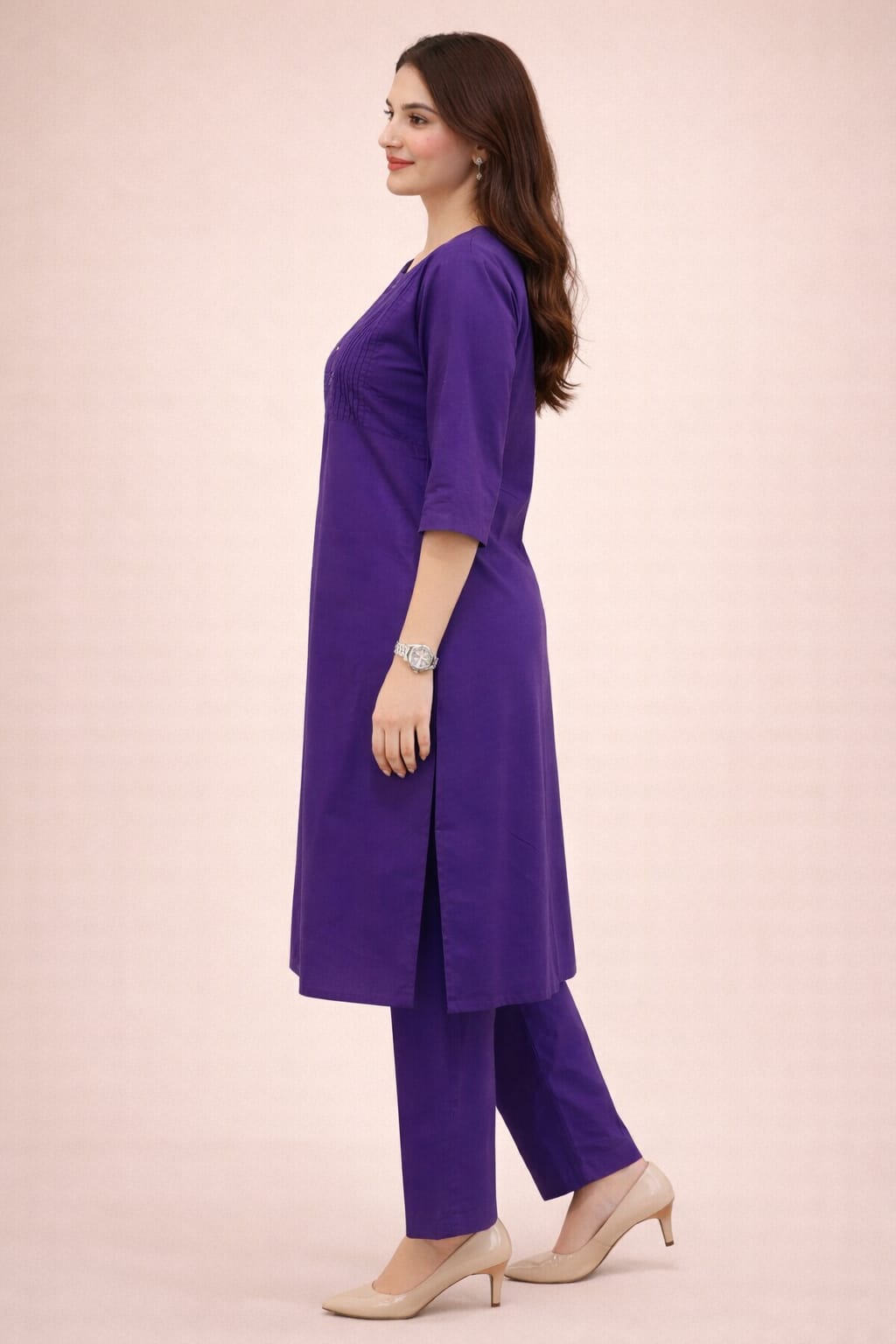 Women's Cotton Solid Pintuck Kurta Set