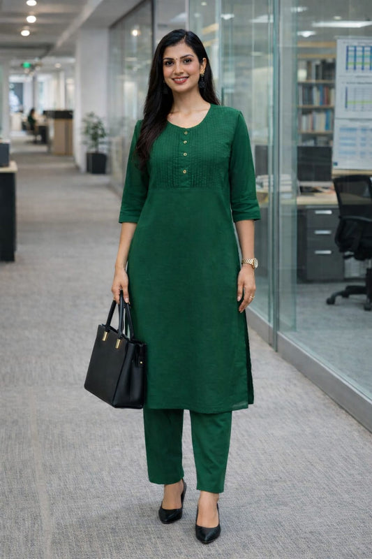 Women's Cotton Solid Pintuck Kurta Set
