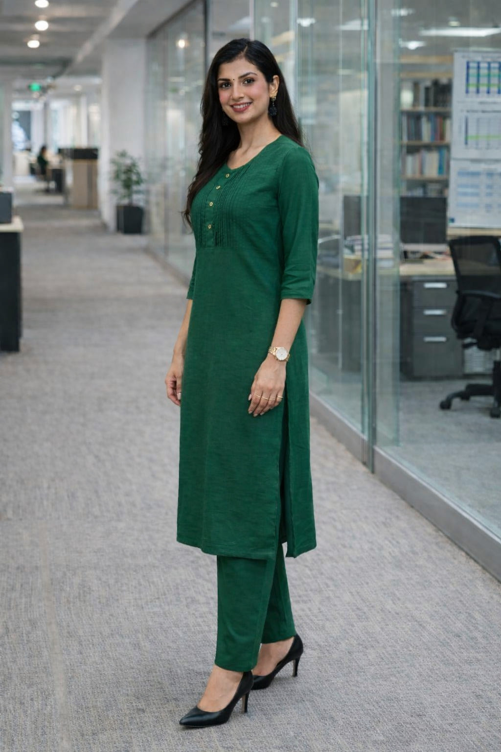 Women's Cotton Solid Pintuck Kurta Set