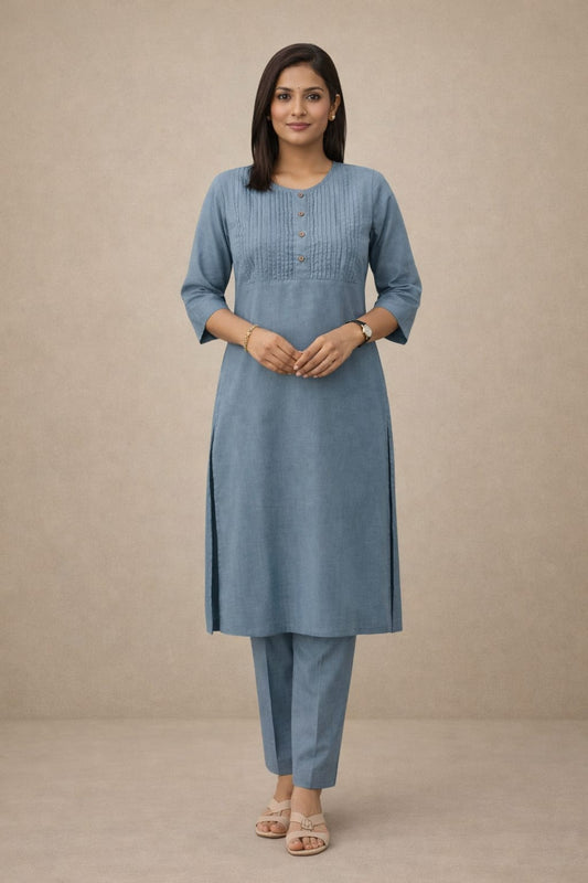 Women's Cotton Solid Pintuck Kurta Set