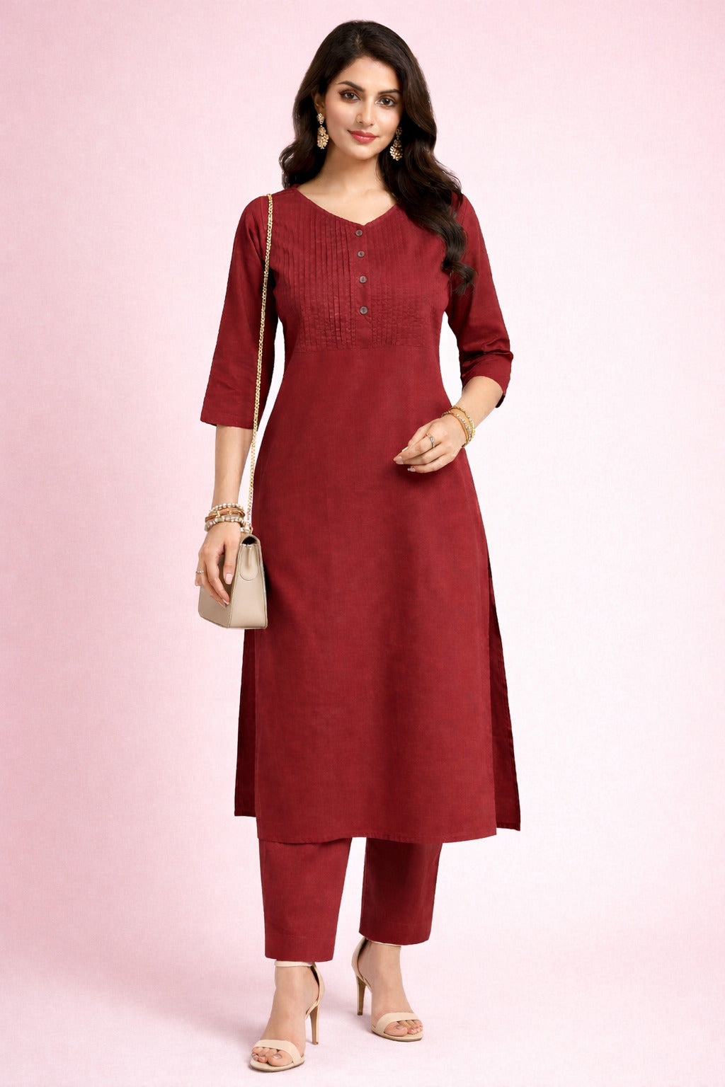 Women's Cotton Solid Pintuck Kurta Set