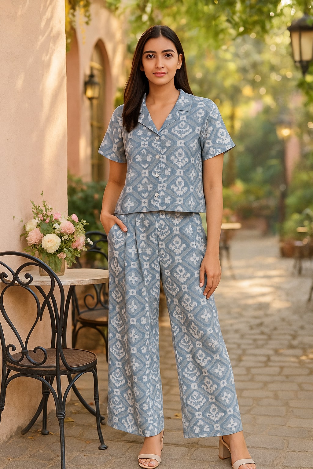 Women's Cotton Notch Collar Top With Trouser Set