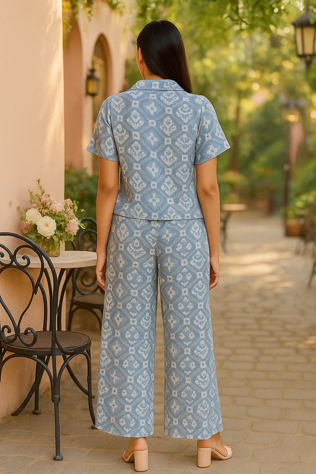 Women's Cotton Notch Collar Top With Trouser Set