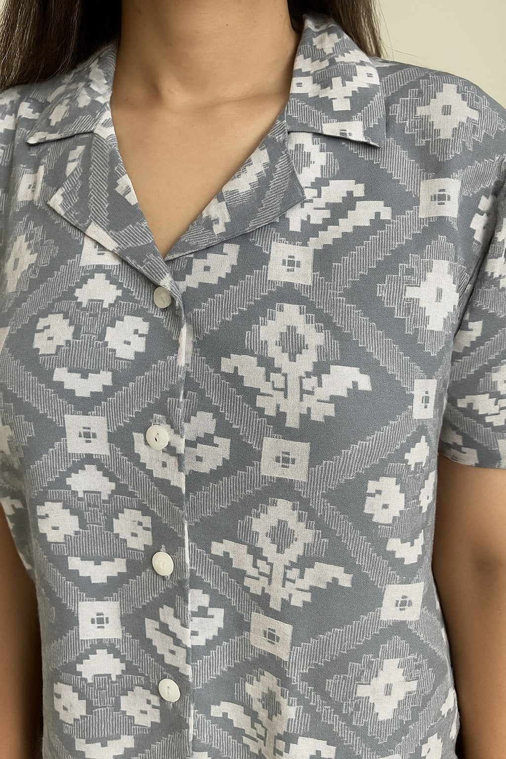 Women's Cotton Notch Collar Top With Trouser Set