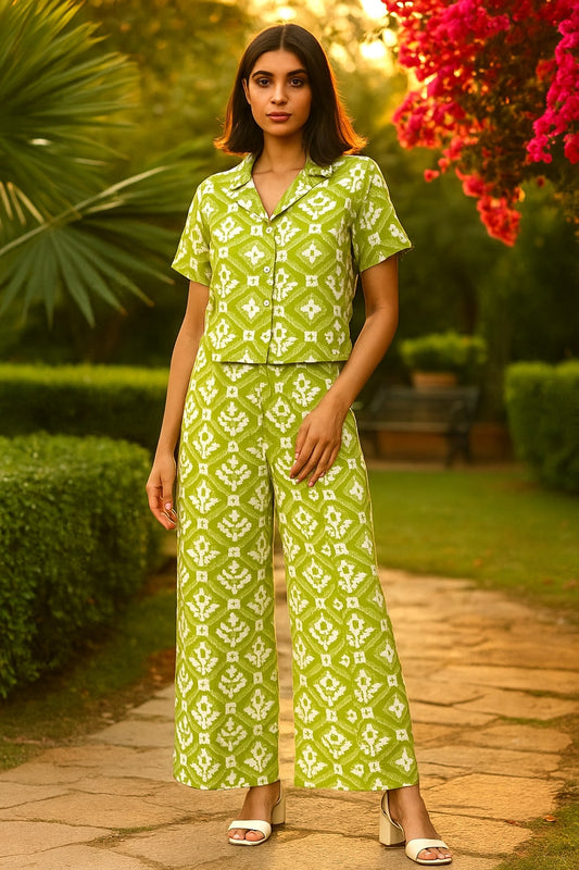 Women's Cotton Notch Collar Top With Trouser Set