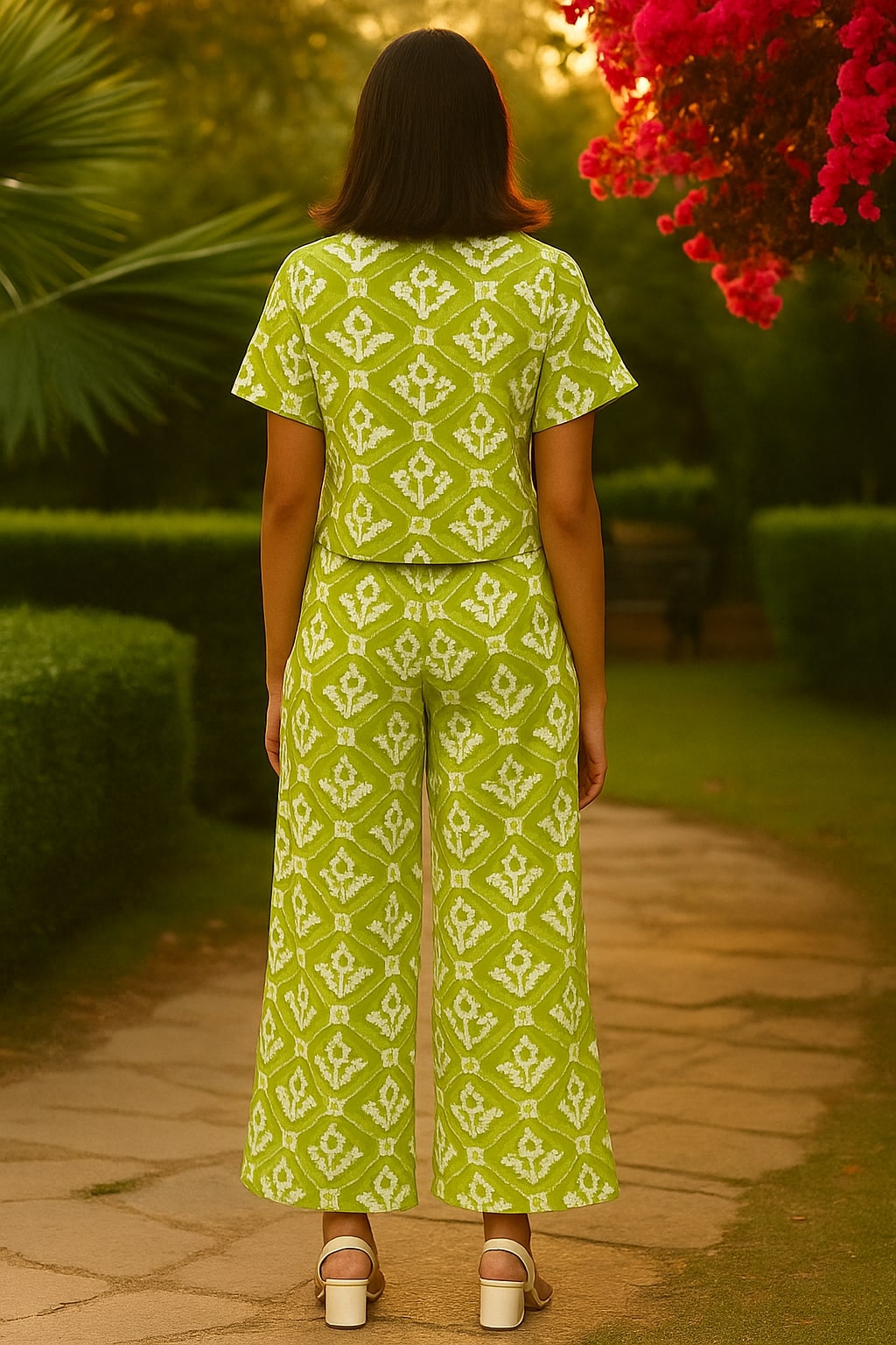 Women's Cotton Notch Collar Top With Trouser Set