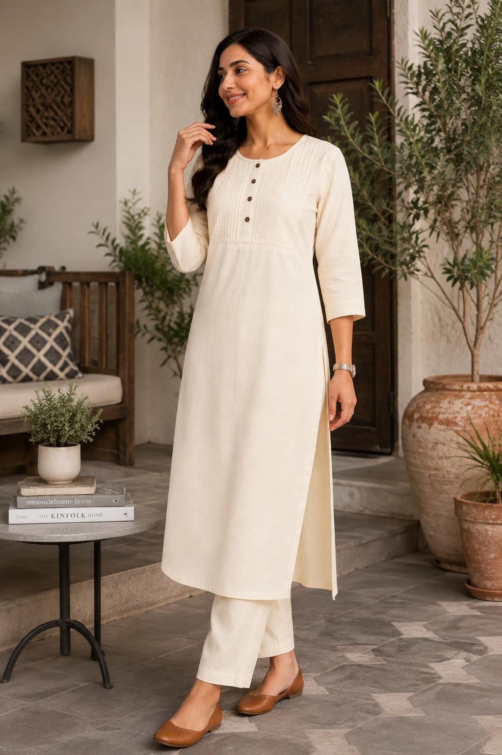 Women's Cotton Solid Pintuck Kurta Set