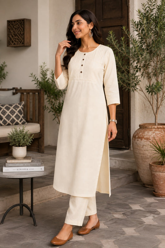 Women's Cotton Solid Pintuck Kurta Set