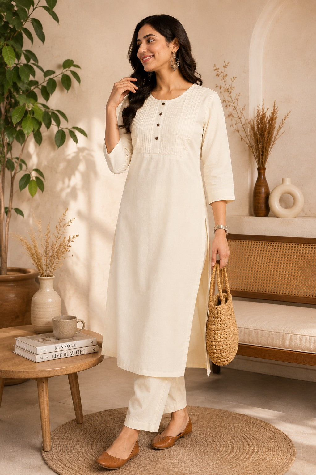 Women's Cotton Solid Pintuck Kurta Set