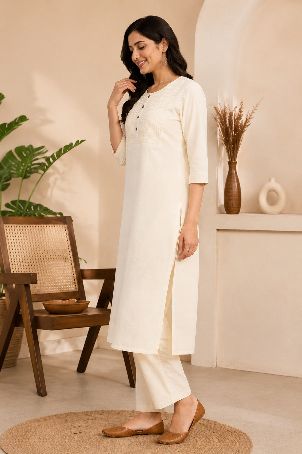 Women's Cotton Solid Pintuck Kurta Set