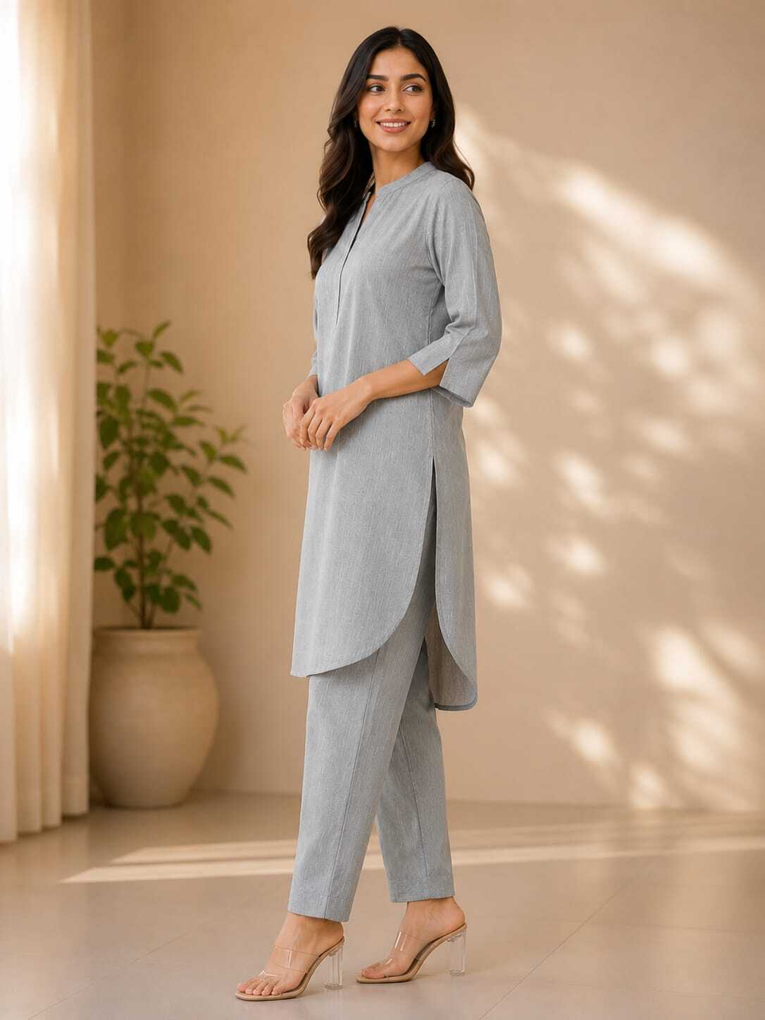 Women's Solid Cotton Straight Kurta with Trousers Set