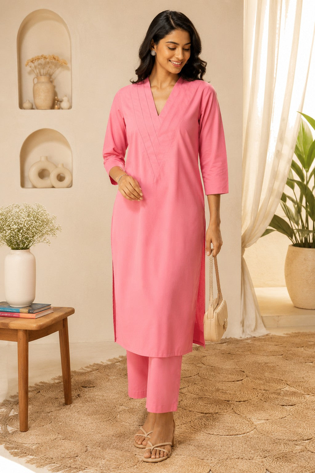 Women Solid Cotton Triple V Neck Kurta Set