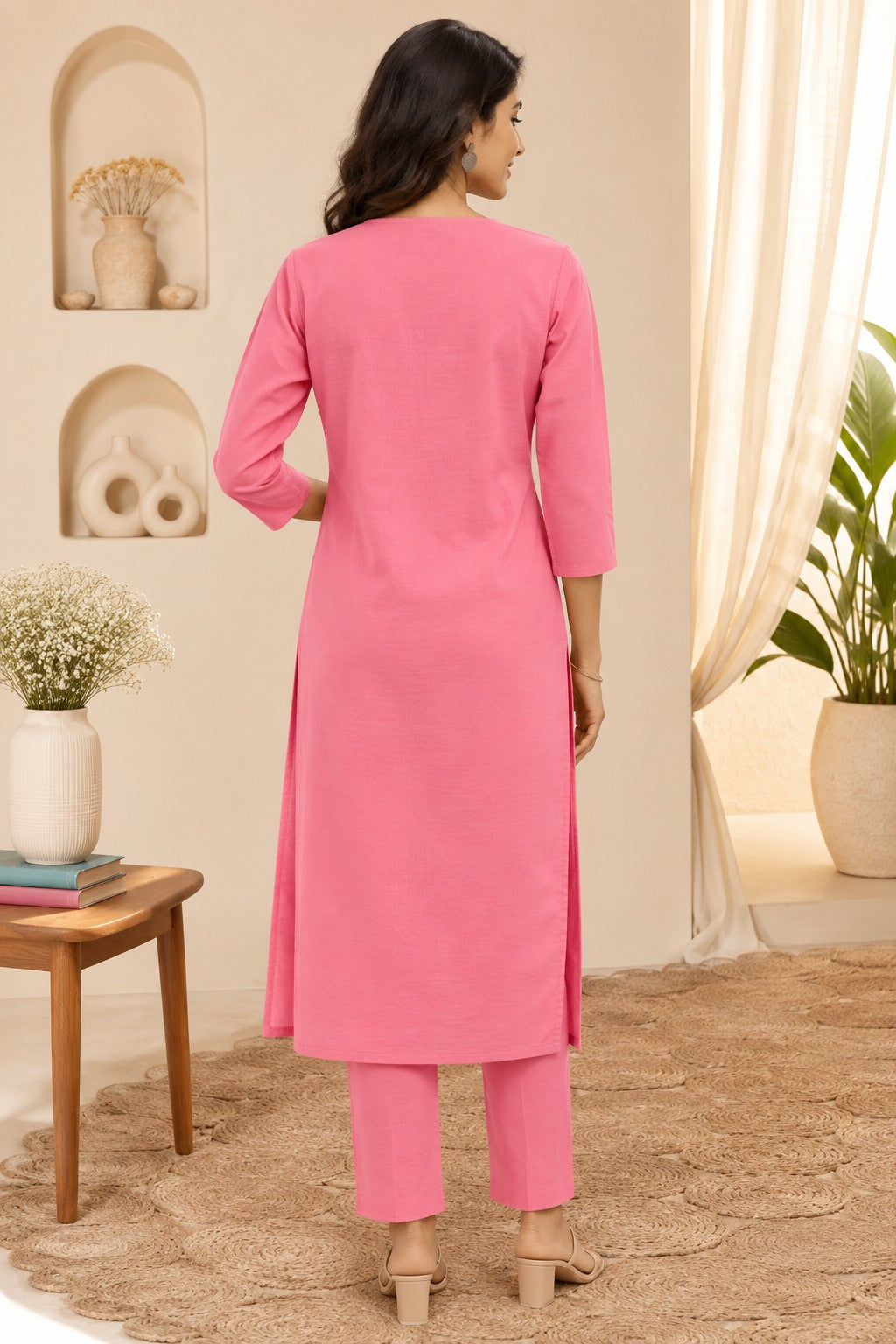 Women Solid Cotton Triple V Neck Kurta Set