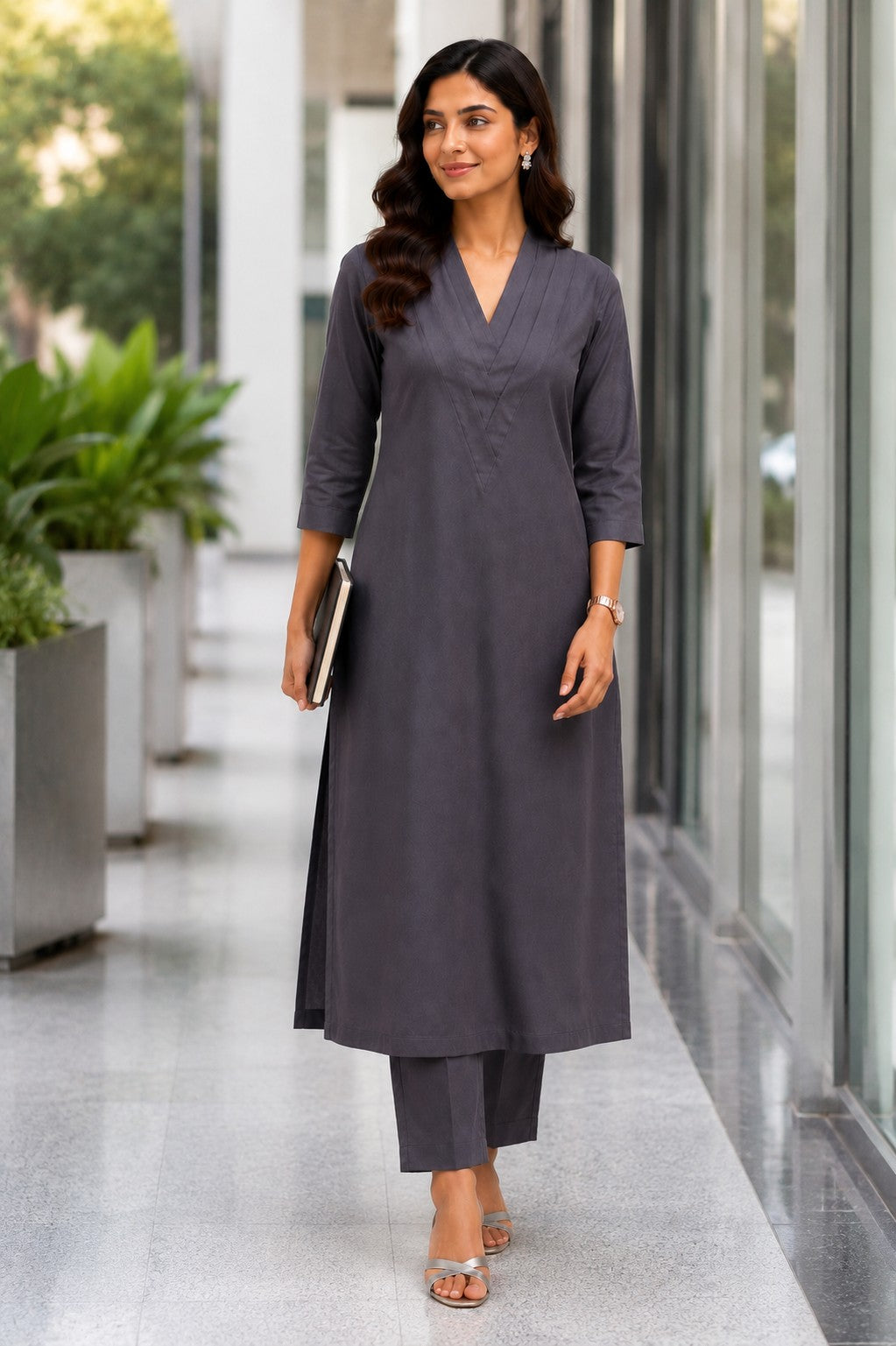 Women Solid Cotton Triple V Neck Kurta Set