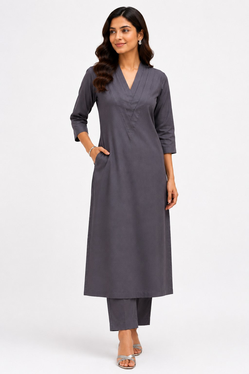 Women Solid Cotton Triple V Neck Kurta Set