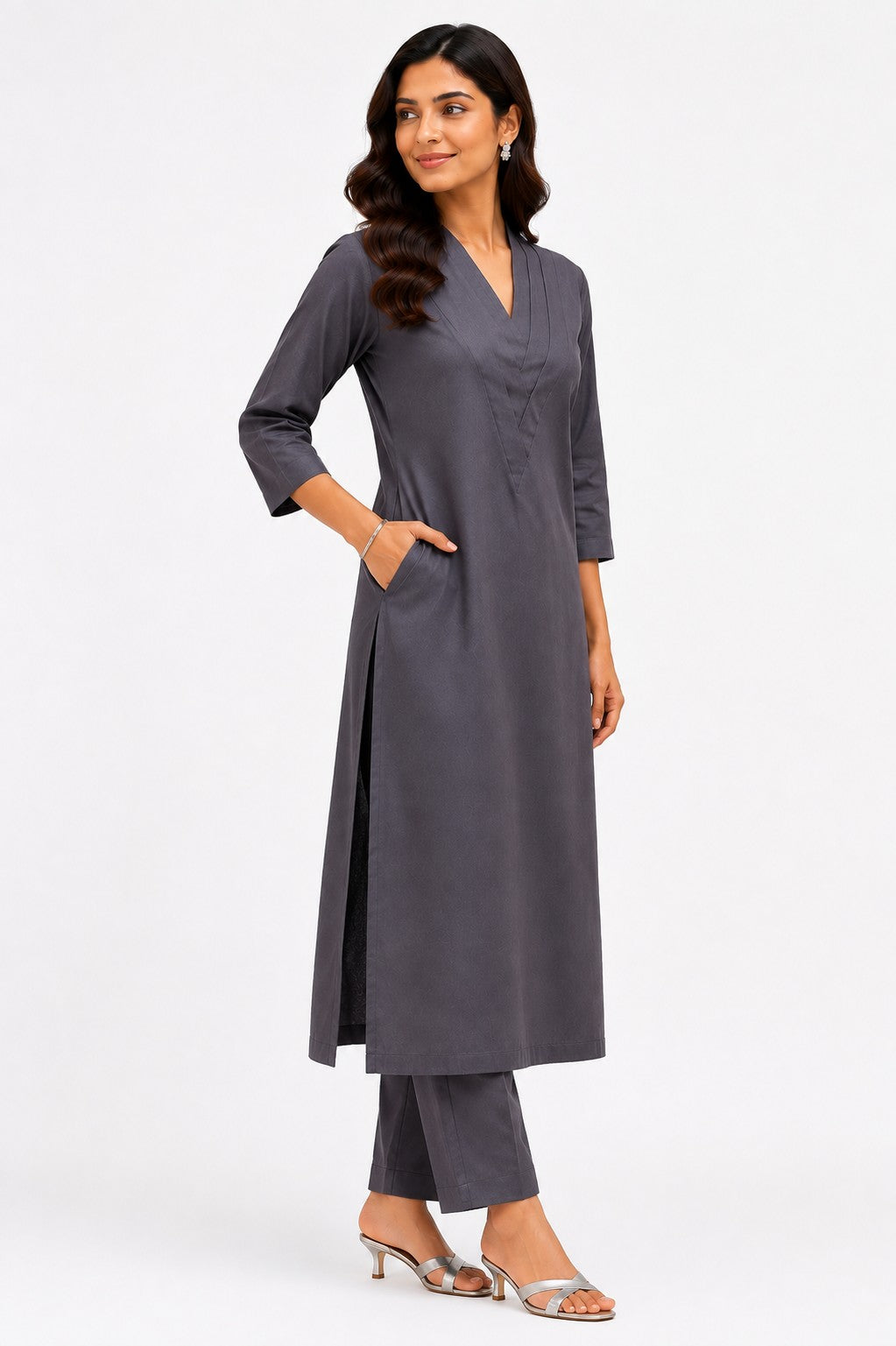 Women Solid Cotton Triple V Neck Kurta Set