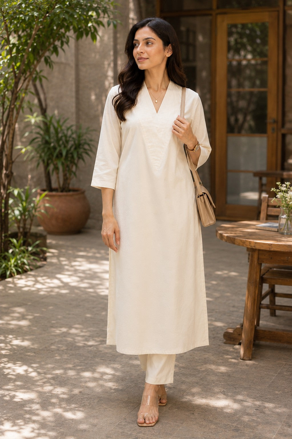 Women Solid Cotton Triple V Neck Kurta Set