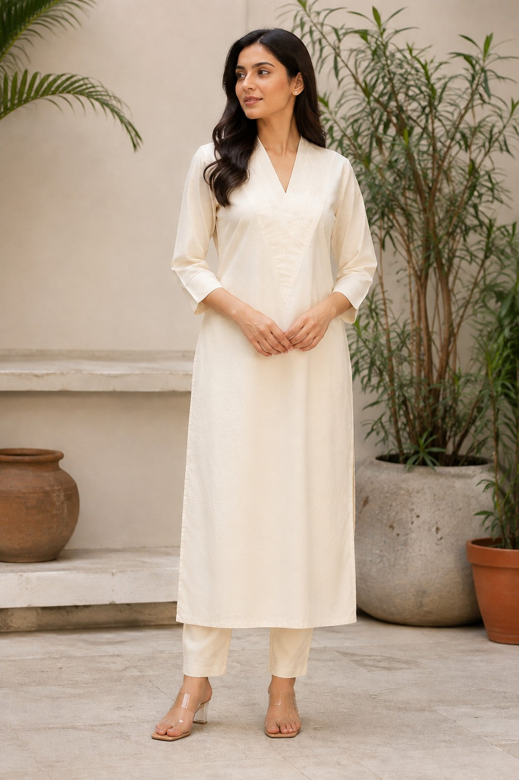 Women Solid Cotton Triple V Neck Kurta Set