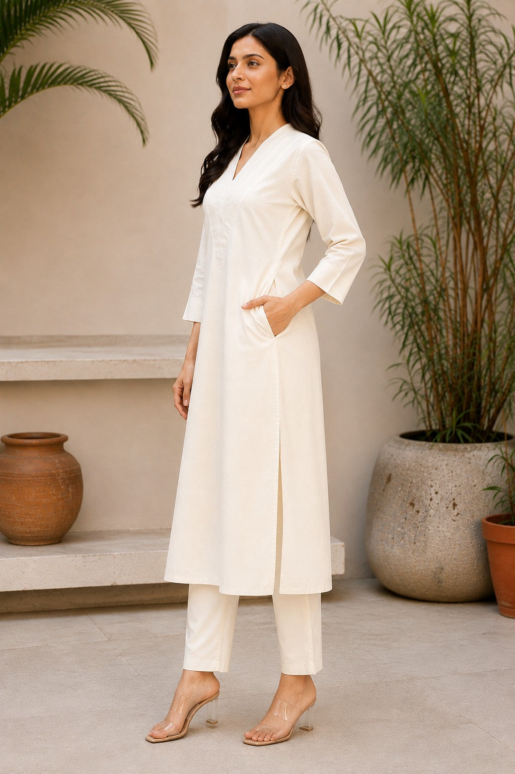 Women Solid Cotton Triple V Neck Kurta Set