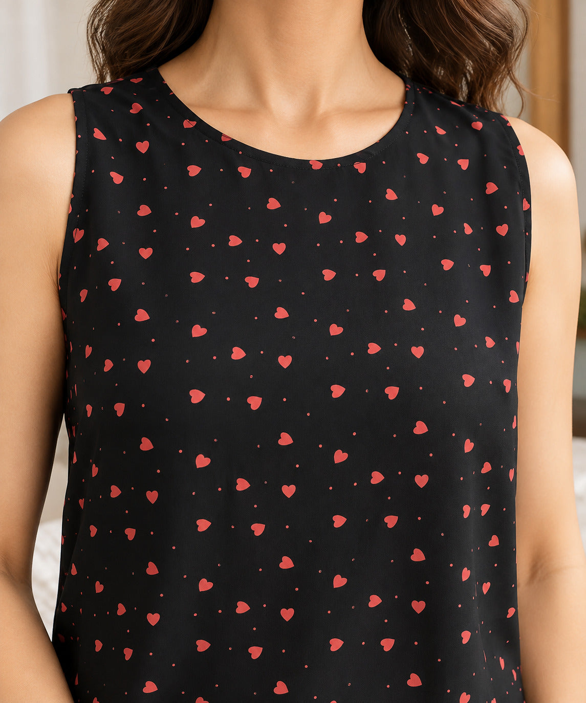 Women Black Heart Printed Night Suit Set