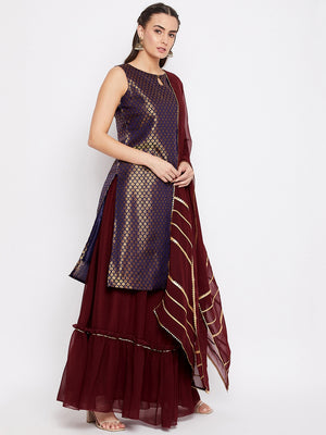 Silk Blend Woven Kurta Skirt and Dupatta Set