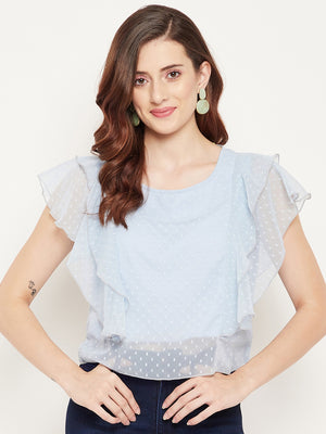 Casual Flared Sleeves Self Design Women Blue Top