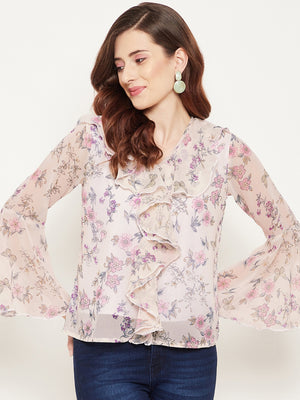 Women Off White & Pink Floral Print Georgette Top