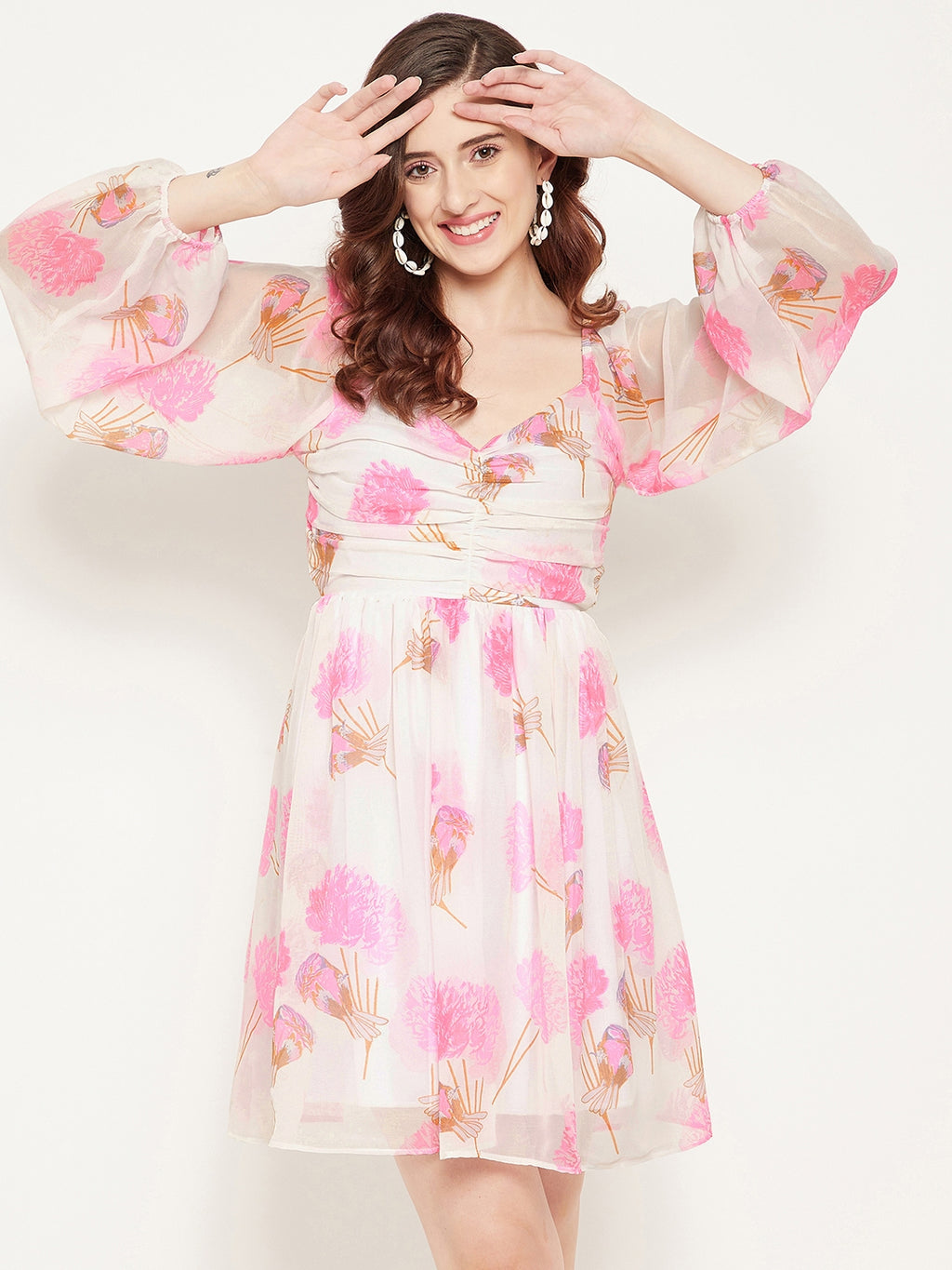 Off White & Pink Floral Georgette A-Line Dress